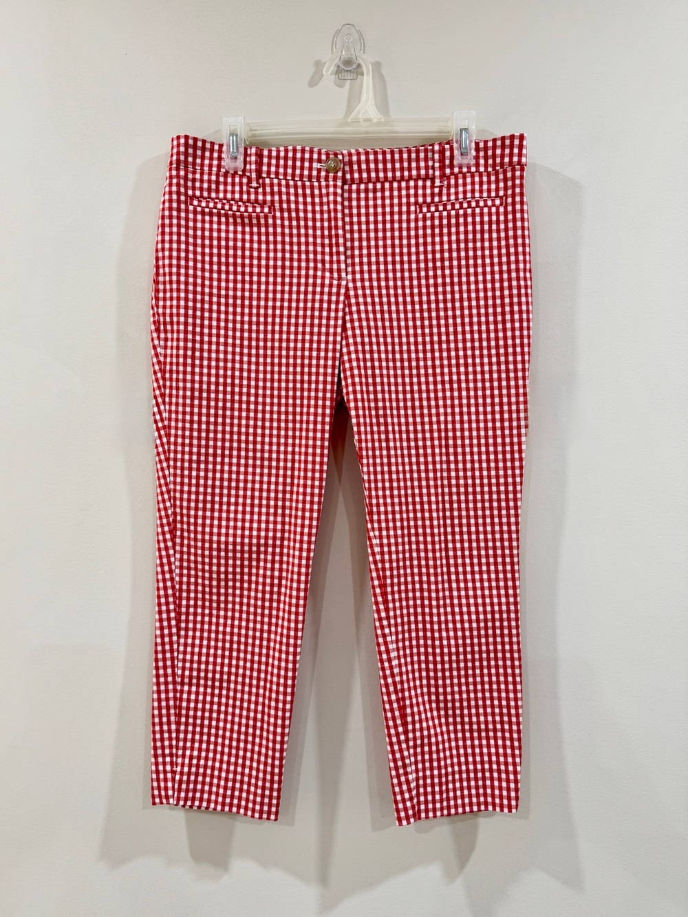 Ann Taylor Petite Red White Gingham Ankle Pants 8P Stretch Slit Hem Preppy